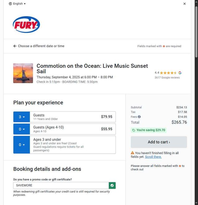 FareHarbor checkout page showing FareHarbor promo code box | Screenshot taken by SimplyCodes community member on Sep 4, 2025