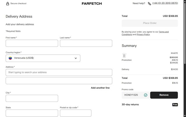 Farfetch checkout page showing Farfetch promo code box | Screenshot taken by SimplyCodes community member on Jul 14, 2025