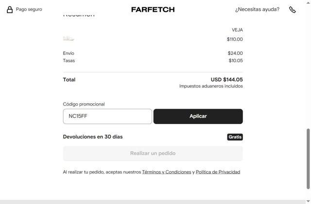 Farfetch checkout page showing Farfetch promo code box | Screenshot taken by SimplyCodes community member on Aug 5, 2025