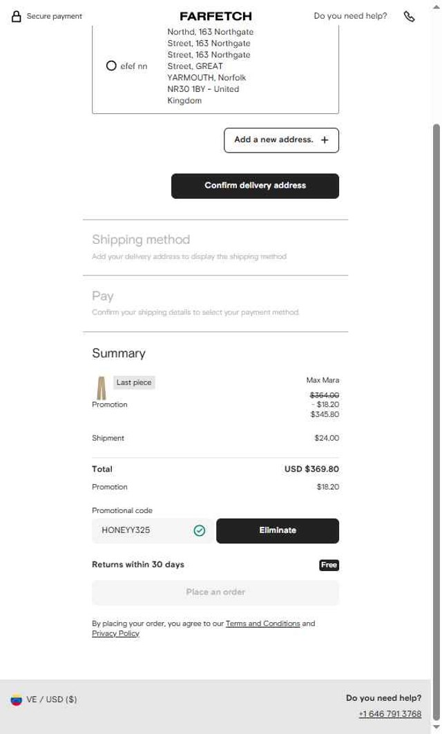 Farfetch checkout page showing Farfetch promo code box | Screenshot taken by SimplyCodes community member on Jul 19, 2025
