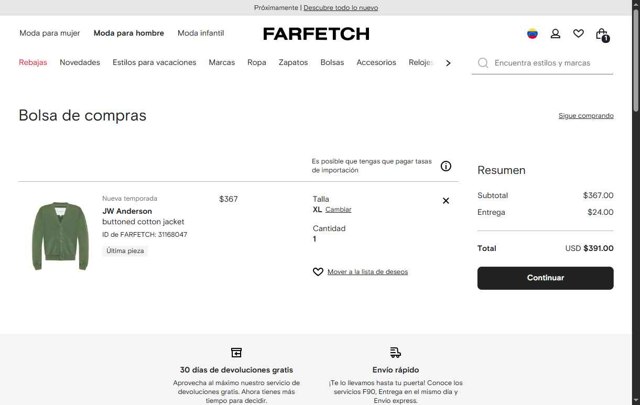 Farfetch checkout page showing Farfetch promo code box | Screenshot taken by SimplyCodes community member on Jul 19, 2025