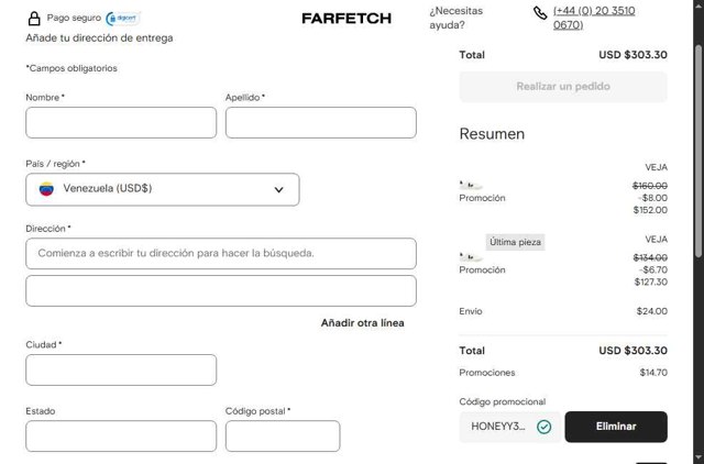Farfetch checkout page showing Farfetch promo code box | Screenshot taken by SimplyCodes community member on Jul 27, 2025