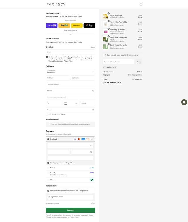 Farmacy Beauty checkout page showing Farmacy Beauty coupon code box | Screenshot taken by SimplyCodes community member on Aug 22, 2025
