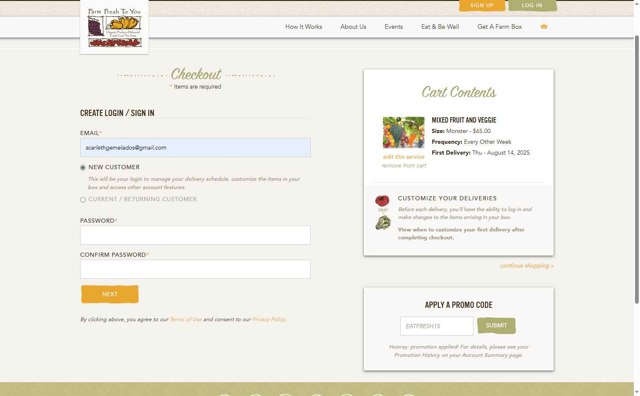 Farm Fresh To You checkout page showing Farm Fresh To You promo code box | Screenshot taken by SimplyCodes community member on Aug 3, 2025