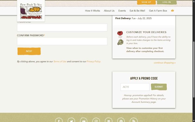 Farm Fresh To You checkout page showing Farm Fresh To You promo code box | Screenshot taken by SimplyCodes community member on Jul 15, 2025