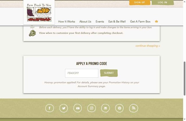 Farm Fresh To You checkout page showing Farm Fresh To You promo code box | Screenshot taken by SimplyCodes community member on Jun 5, 2025