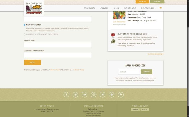 Farm Fresh To You checkout page showing Farm Fresh To You promo code box | Screenshot taken by SimplyCodes community member on Jul 31, 2025