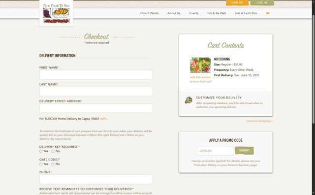 Farm Fresh To You checkout page showing Farm Fresh To You promo code box | Screenshot taken by SimplyCodes community member on Jun 5, 2025