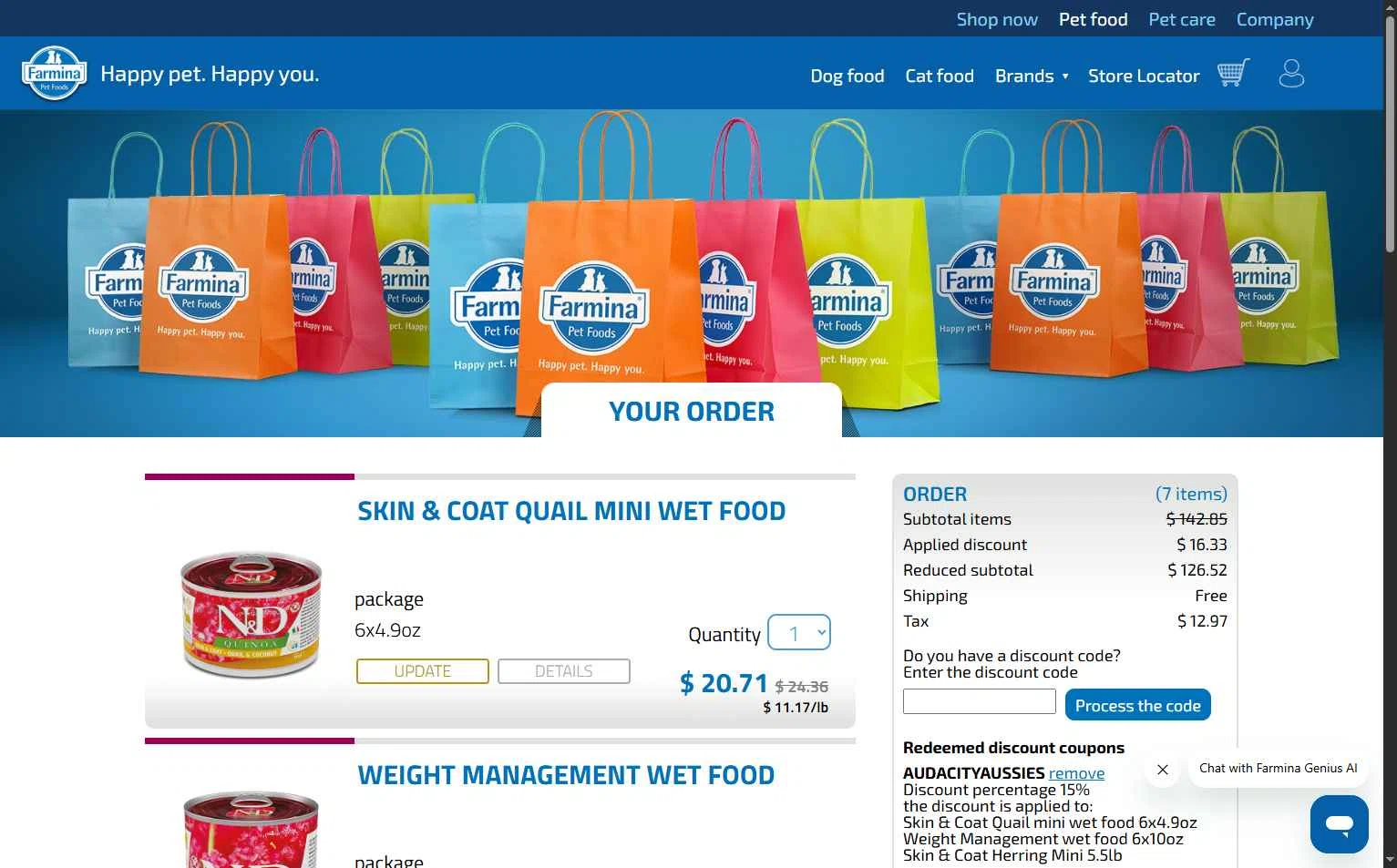 Farmina checkout page showing Farmina discount code box | Screenshot taken by SimplyCodes community member on Jan 31, 2026