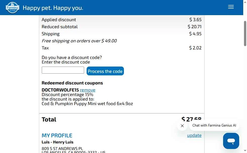 Farmina checkout page showing Farmina discount code box | Screenshot taken by SimplyCodes community member on Jan 27, 2026