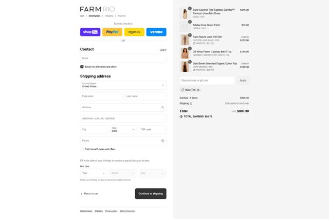 FARM Rio checkout page showing FARM Rio discount code box | Screenshot taken by SimplyCodes community member on Aug 27, 2025