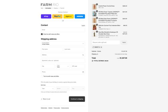 FARM Rio checkout page showing FARM Rio discount code box | Screenshot taken by SimplyCodes community member on Sep 8, 2025