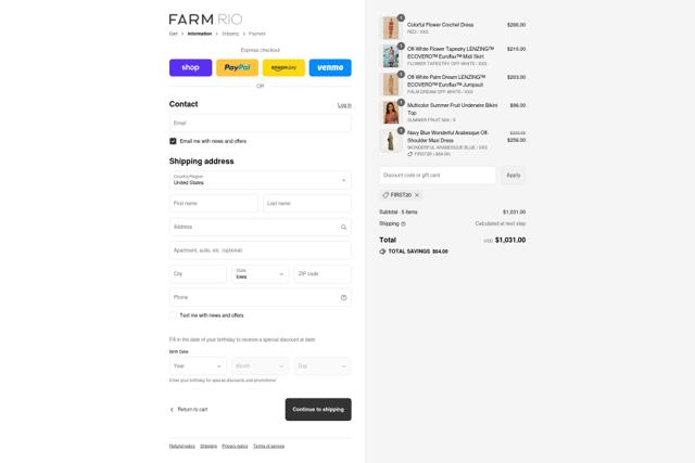 FARM Rio checkout page showing FARM Rio discount code box | Screenshot taken by SimplyCodes community member on Sep 8, 2025