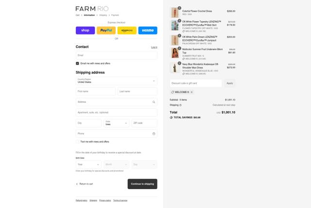 FARM Rio checkout page showing FARM Rio discount code box | Screenshot taken by SimplyCodes community member on Sep 4, 2025