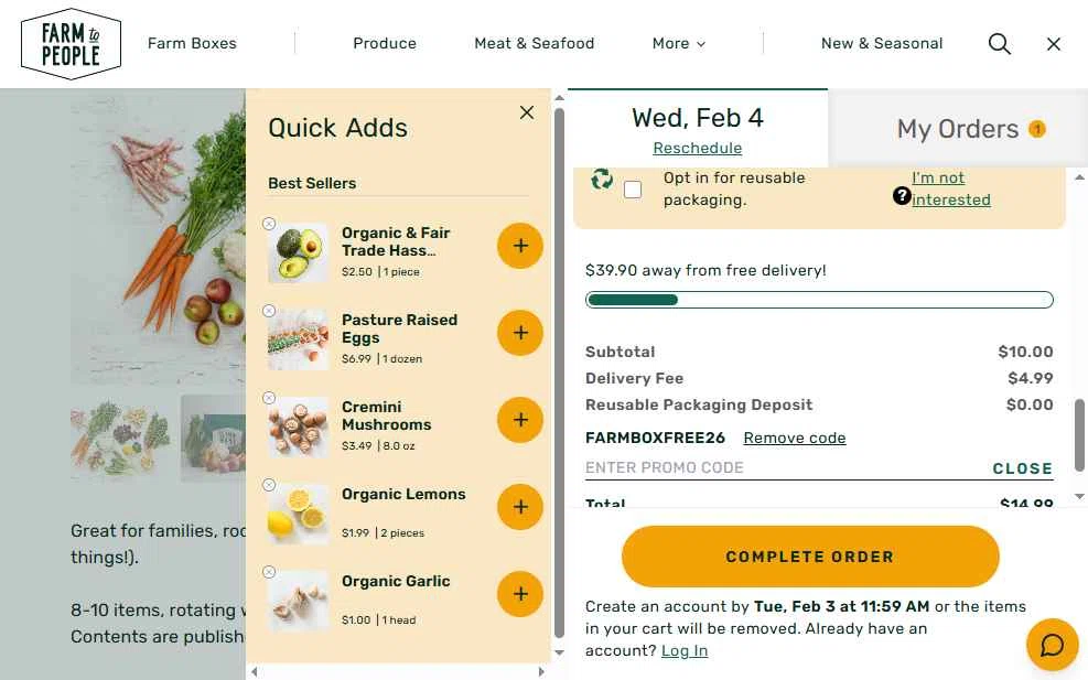 Farm to People checkout page showing Farm to People promo code box | Screenshot taken by SimplyCodes community member on Feb 3, 2026