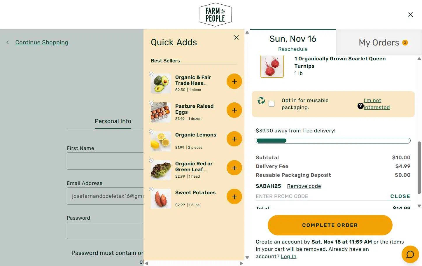 Farm to People checkout page showing Farm to People promo code box | Screenshot taken by SimplyCodes community member on Nov 15, 2025