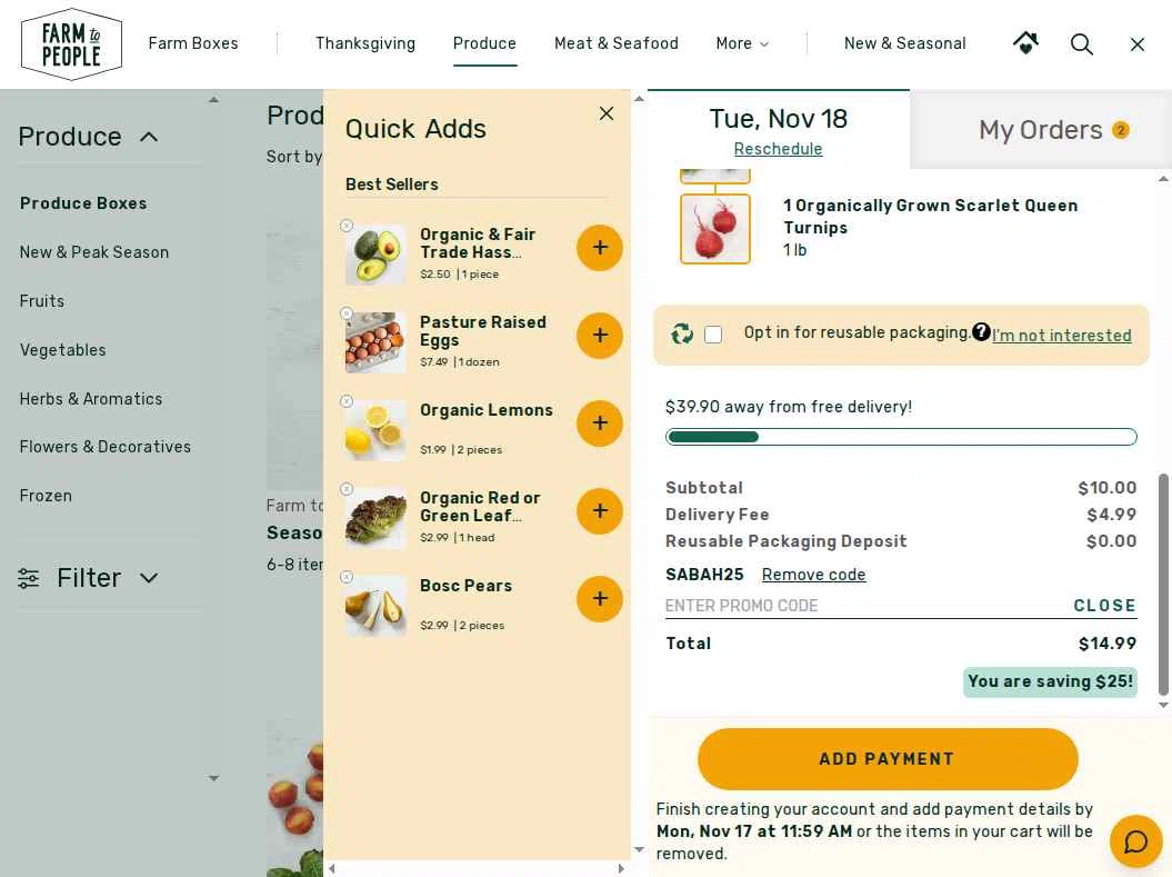Farm to People checkout page showing Farm to People promo code box | Screenshot taken by SimplyCodes community member on Nov 15, 2025