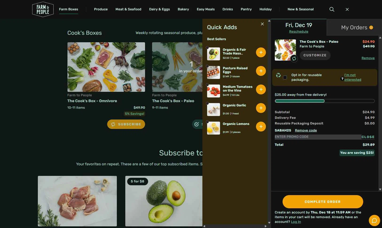 Farm to People checkout page showing Farm to People promo code box | Screenshot taken by SimplyCodes community member on Dec 14, 2025