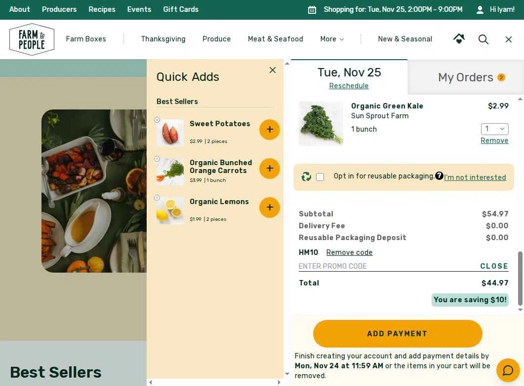 Farm to People checkout page showing Farm to People promo code box | Screenshot taken by SimplyCodes community member on Nov 24, 2025