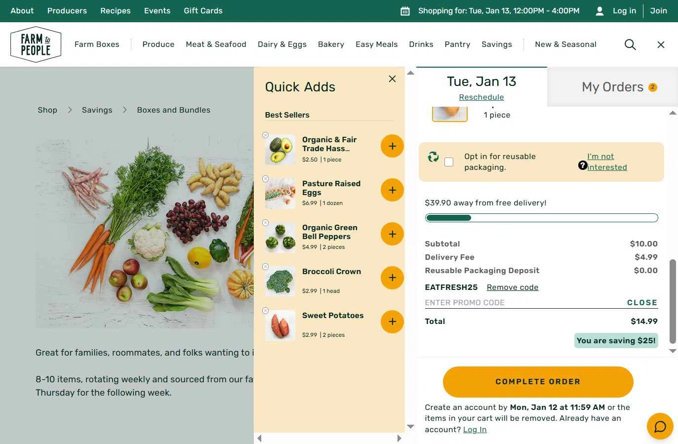 Farm to People checkout page showing Farm to People promo code box | Screenshot taken by SimplyCodes community member on Jan 11, 2026