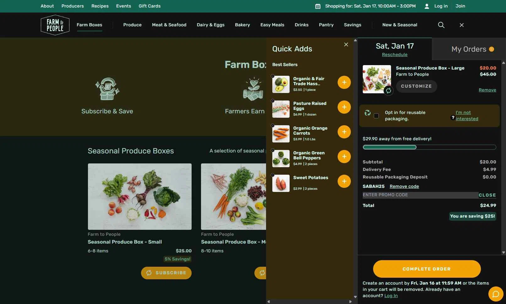 Farm to People checkout page showing Farm to People promo code box | Screenshot taken by SimplyCodes community member on Jan 12, 2026