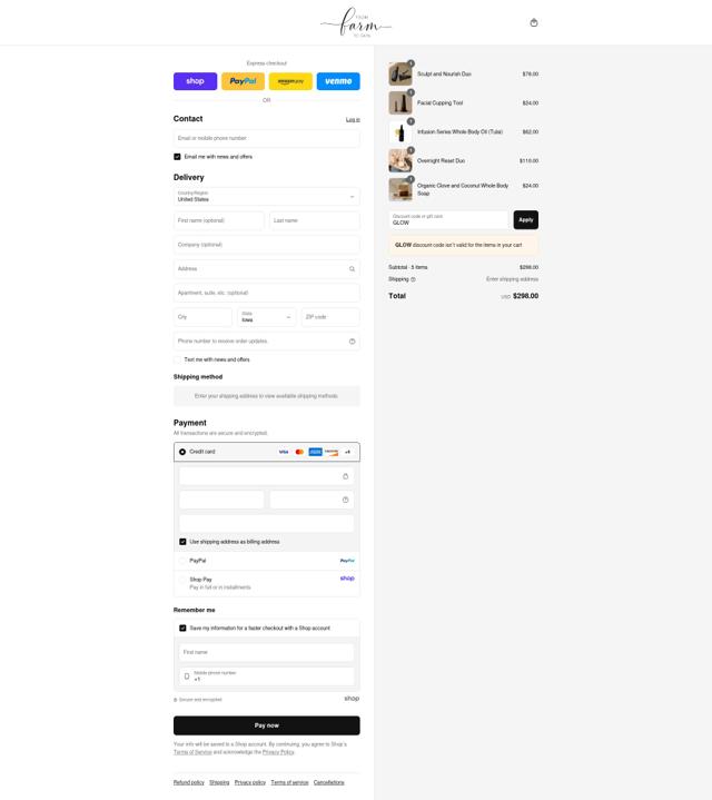 Farm to Skin checkout page showing Farm to Skin coupon code box | Screenshot taken by SimplyCodes community member on Sep 8, 2025