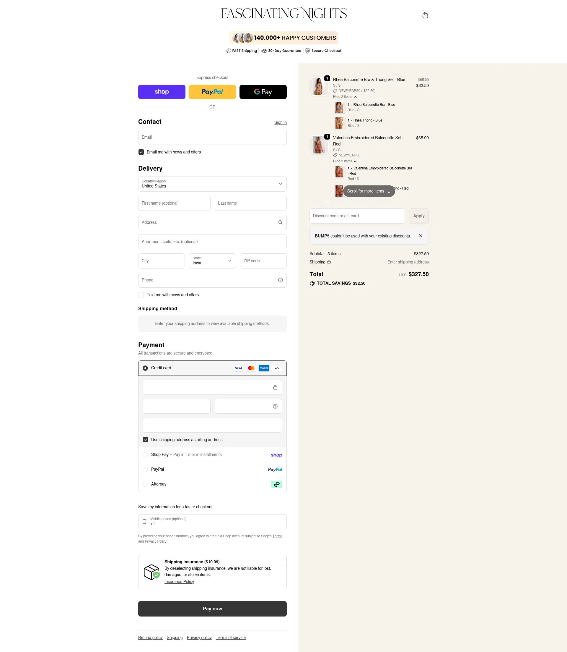 Fascinating Nights checkout page showing Fascinating Nights discount code box | Screenshot taken by SimplyCodes community member on Feb 13, 2026