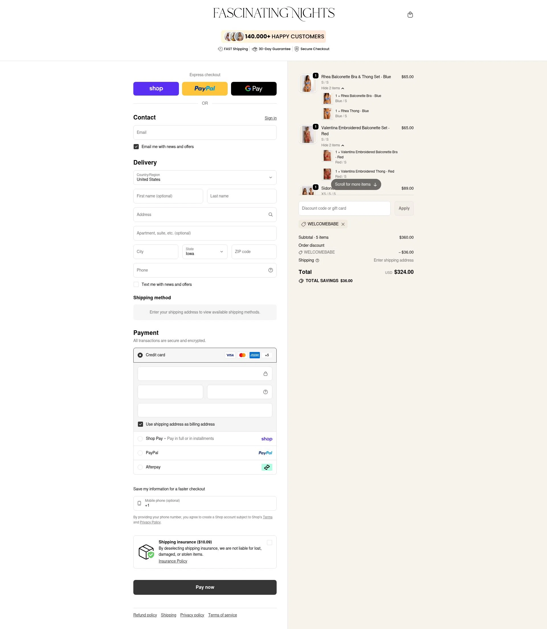 Fascinating Nights checkout page showing Fascinating Nights discount code box | Screenshot taken by SimplyCodes community member on Feb 18, 2026