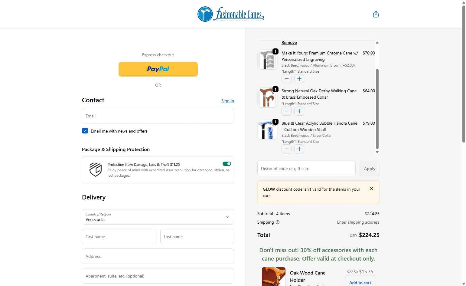 Fashionable Canes checkout page showing Fashionable Canes coupon code box | Screenshot taken by SimplyCodes community member on Dec 22, 2025