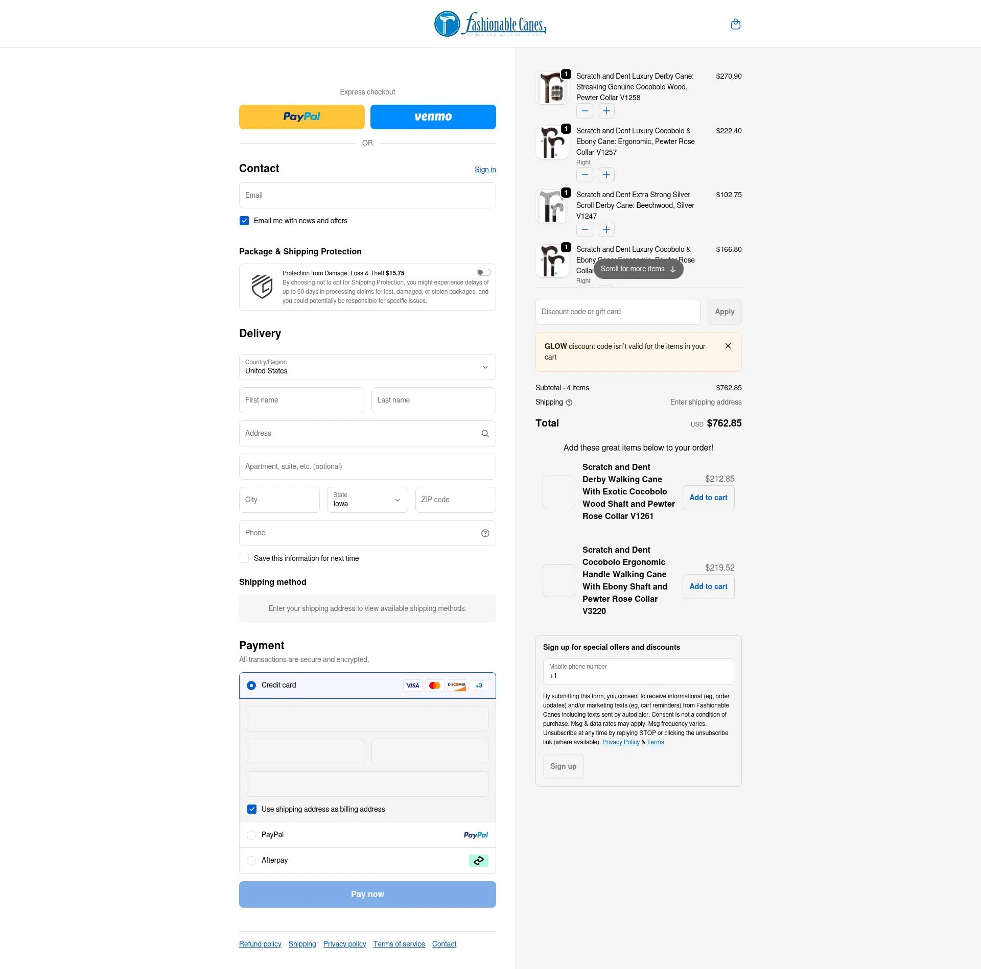 Fashionable Canes checkout page showing Fashionable Canes coupon code box | Screenshot taken by SimplyCodes community member on Dec 29, 2025