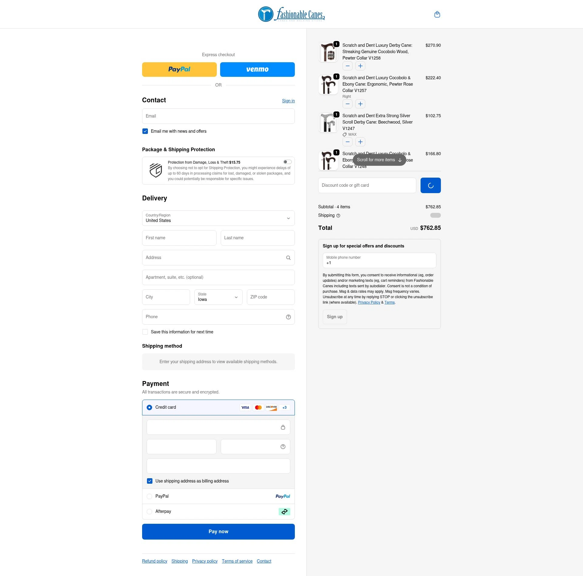 Fashionable Canes checkout page showing Fashionable Canes coupon code box | Screenshot taken by SimplyCodes community member on Dec 24, 2025