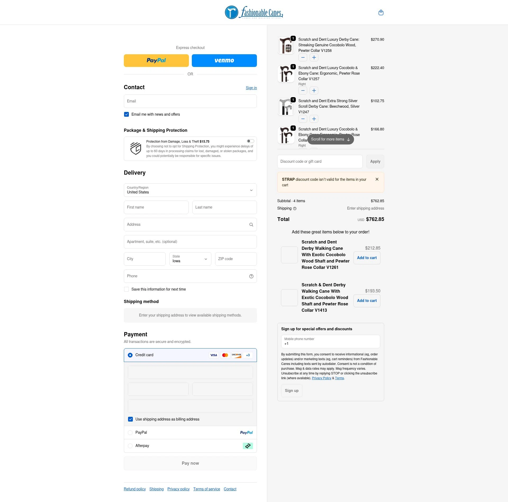 Fashionable Canes checkout page showing Fashionable Canes coupon code box | Screenshot taken by SimplyCodes community member on Dec 18, 2025