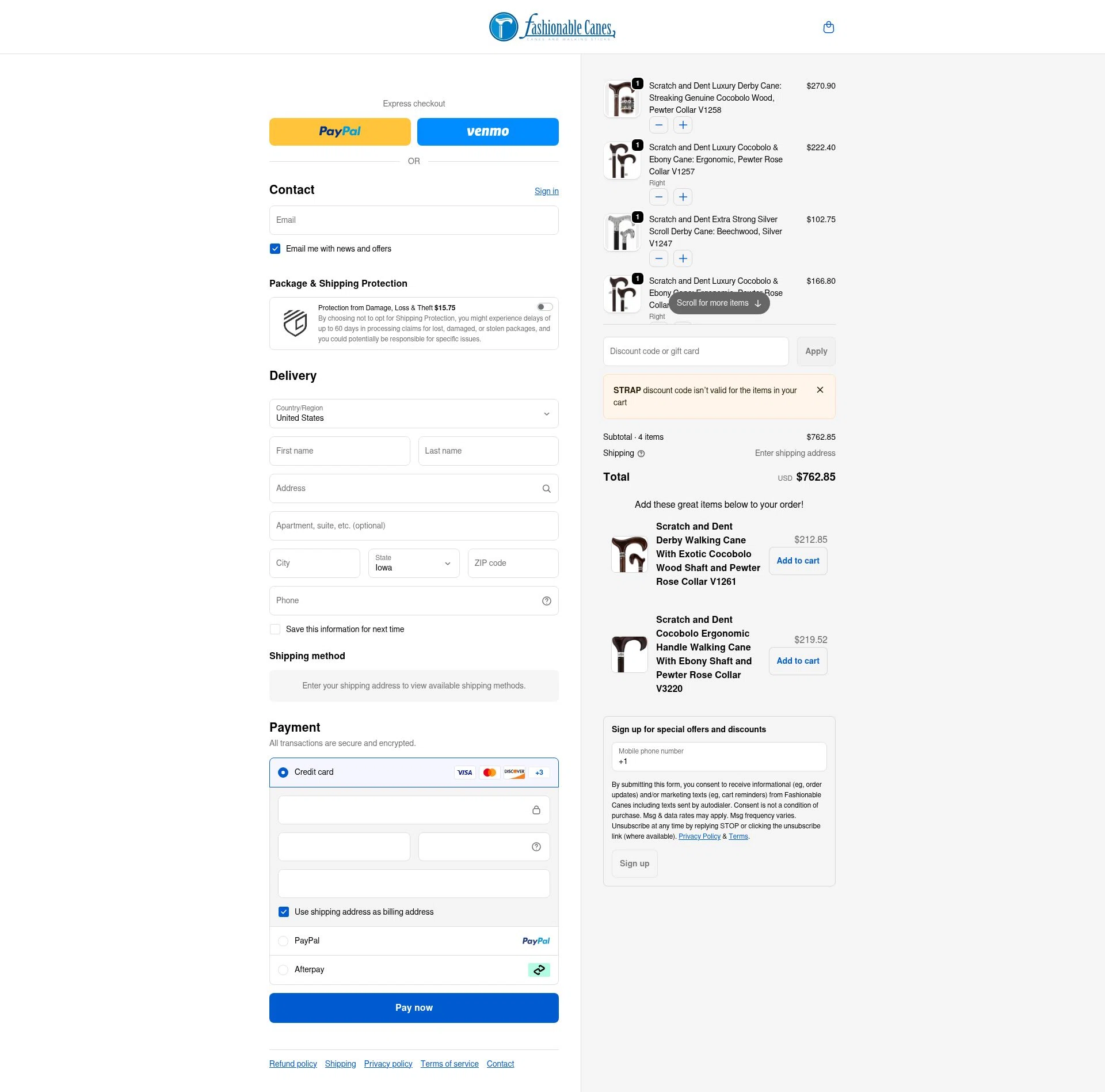 Fashionable Canes checkout page showing Fashionable Canes coupon code box | Screenshot taken by SimplyCodes community member on Dec 29, 2025