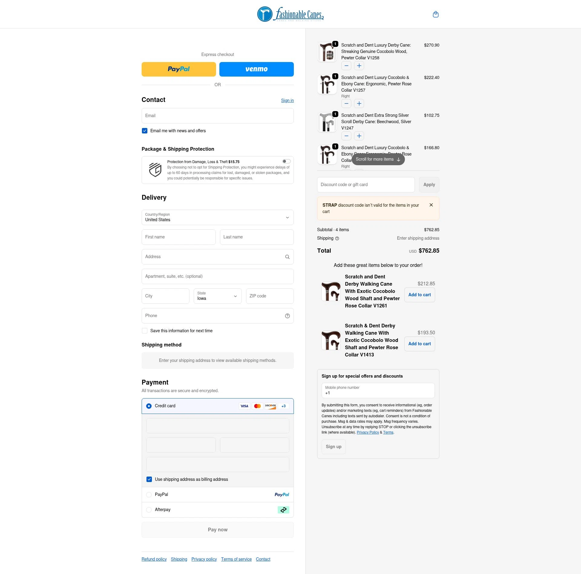 Fashionable Canes checkout page showing Fashionable Canes coupon code box | Screenshot taken by SimplyCodes community member on Dec 24, 2025