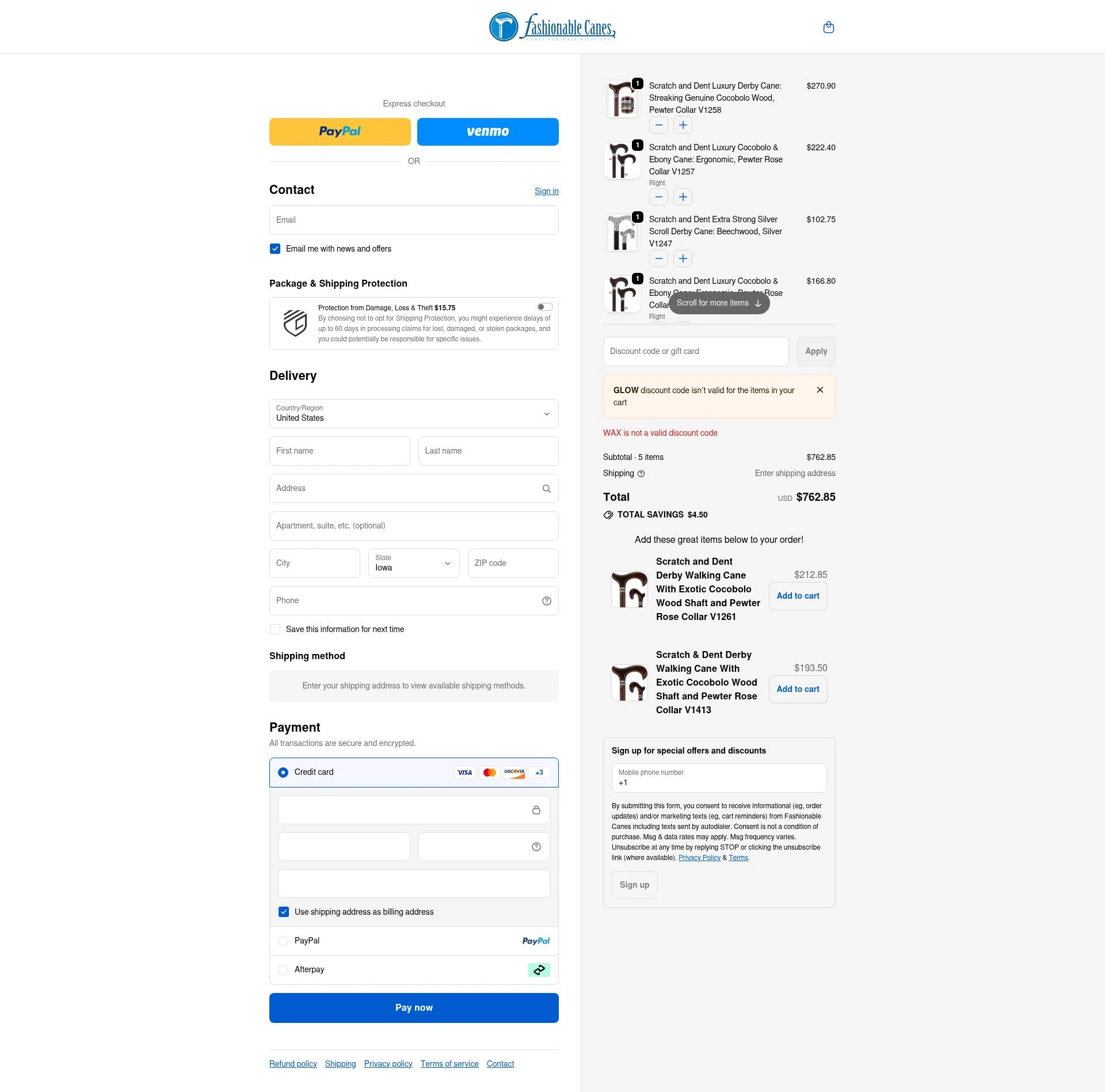 Fashionable Canes checkout page showing Fashionable Canes coupon code box | Screenshot taken by SimplyCodes community member on Dec 24, 2025