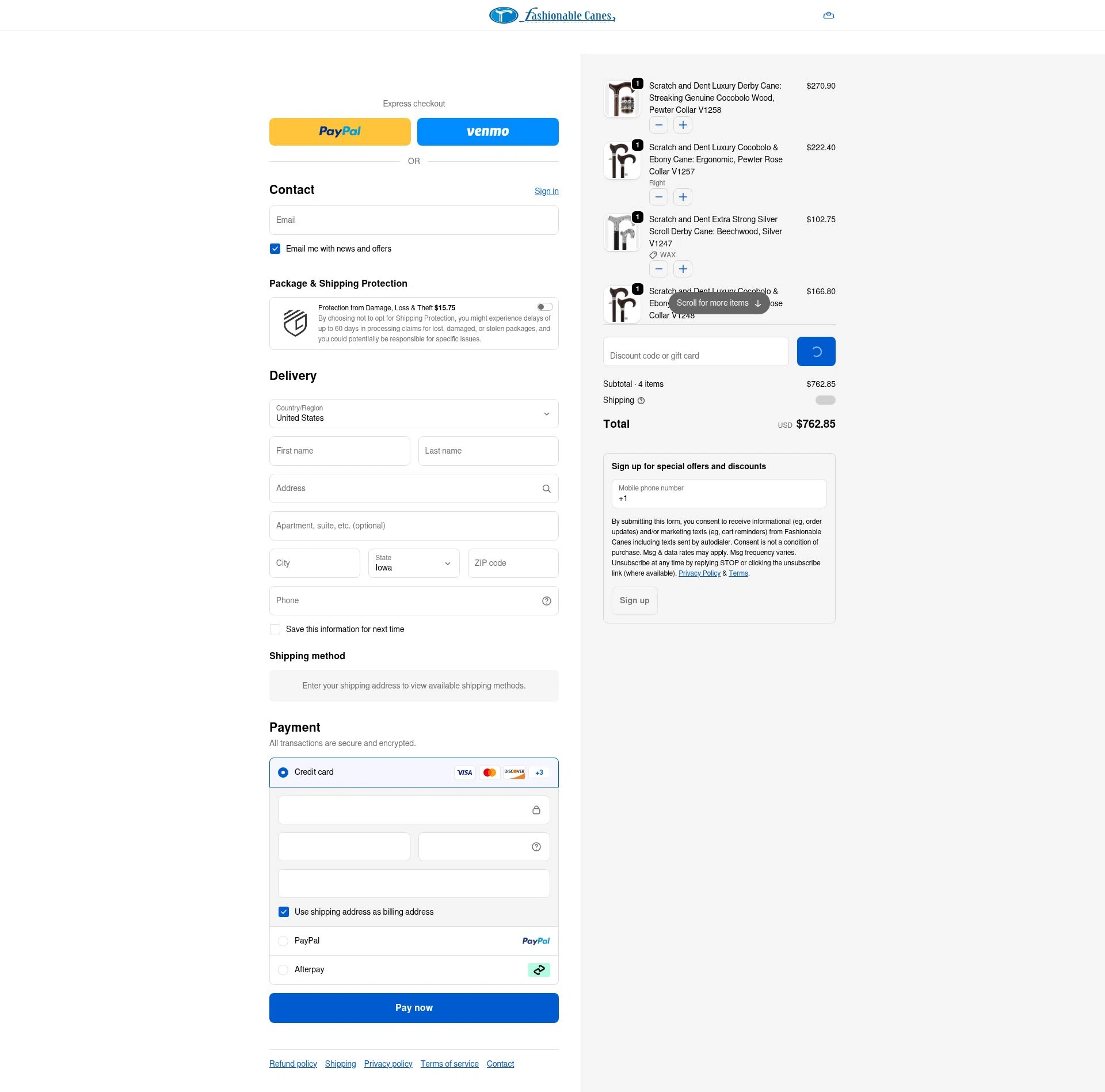Fashionable Canes checkout page showing Fashionable Canes coupon code box | Screenshot taken by SimplyCodes community member on Dec 29, 2025