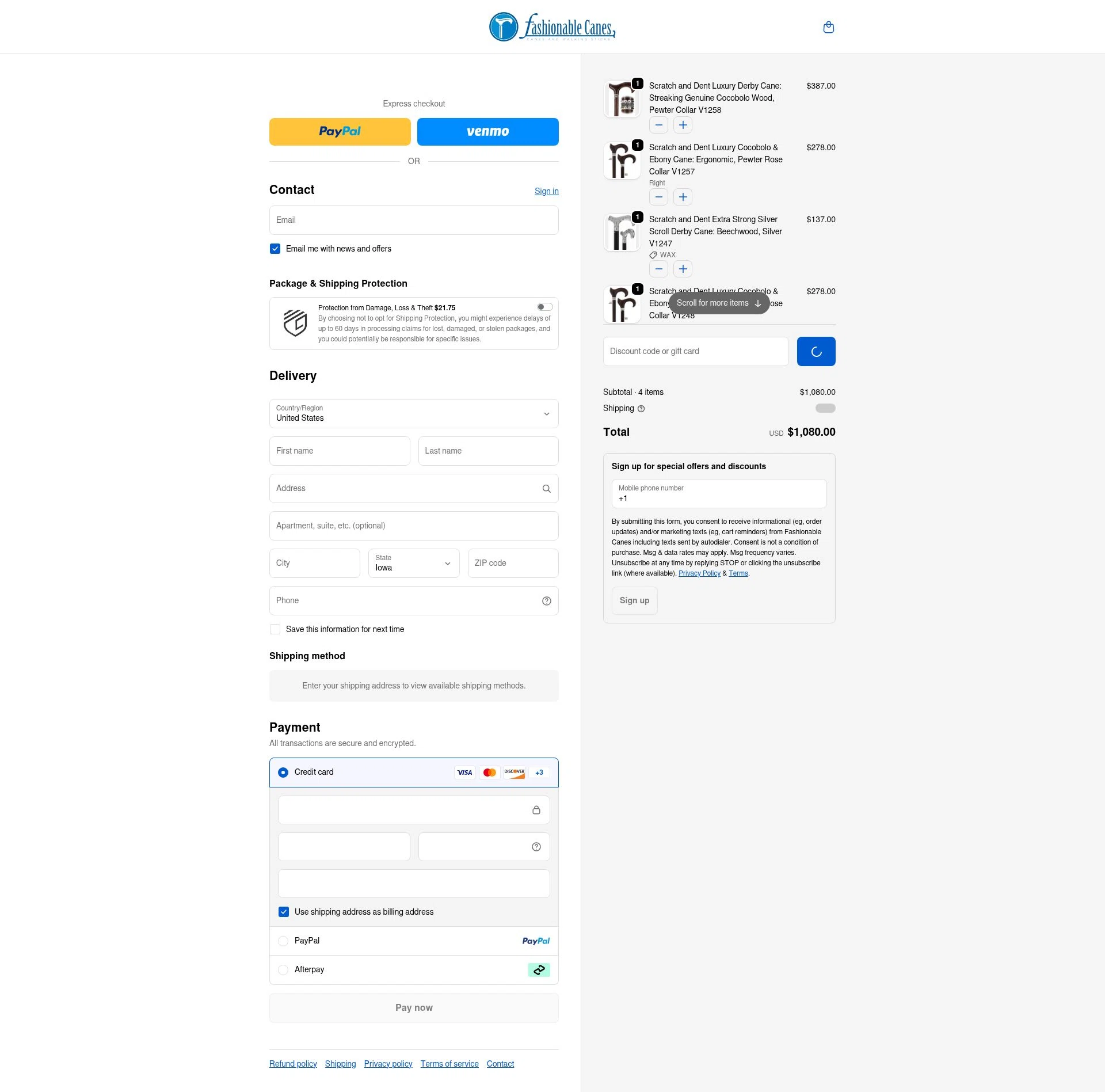 Fashionable Canes checkout page showing Fashionable Canes coupon code box | Screenshot taken by SimplyCodes community member on Jan 3, 2026