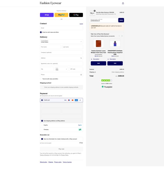 Fashion Eyewear checkout page showing Fashion Eyewear discount code box | Screenshot taken by SimplyCodes community member on Sep 1, 2025