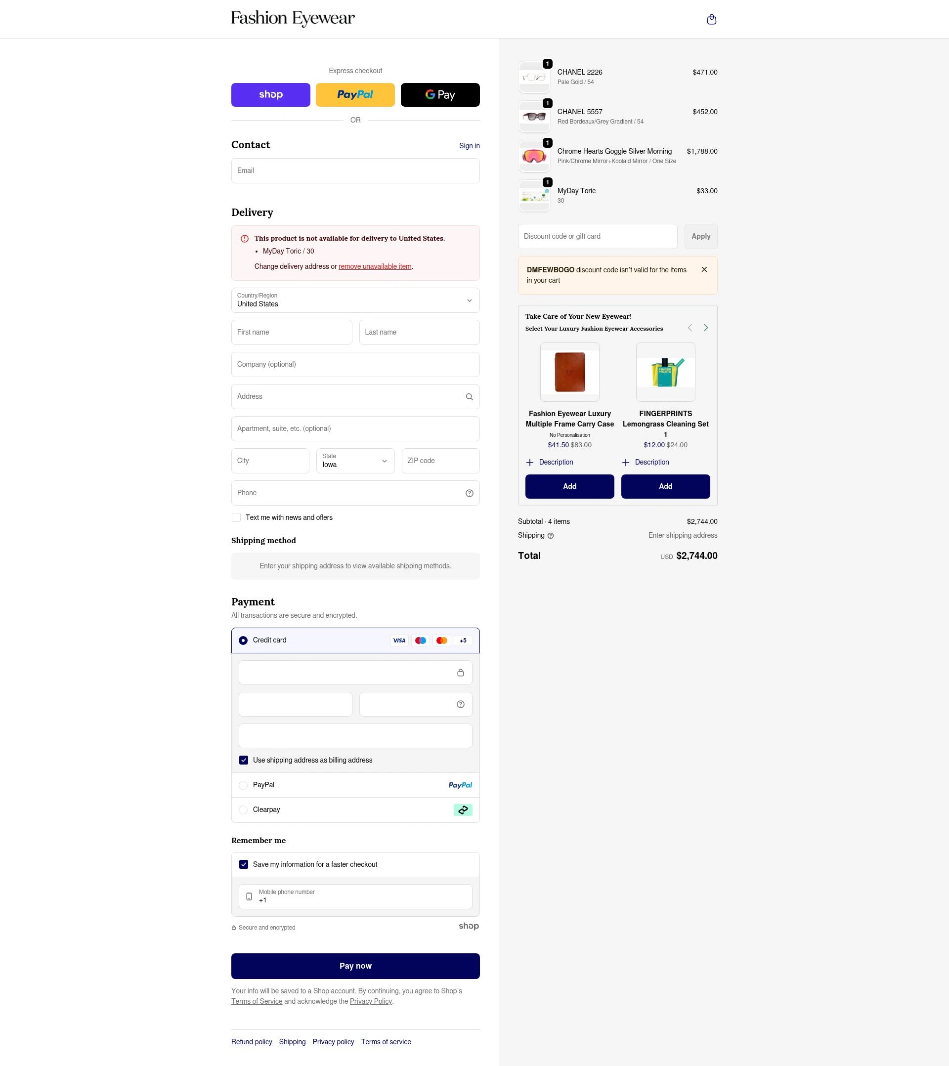 Fashion Eyewear checkout page showing Fashion Eyewear discount code box | Screenshot taken by SimplyCodes community member on Jan 24, 2026