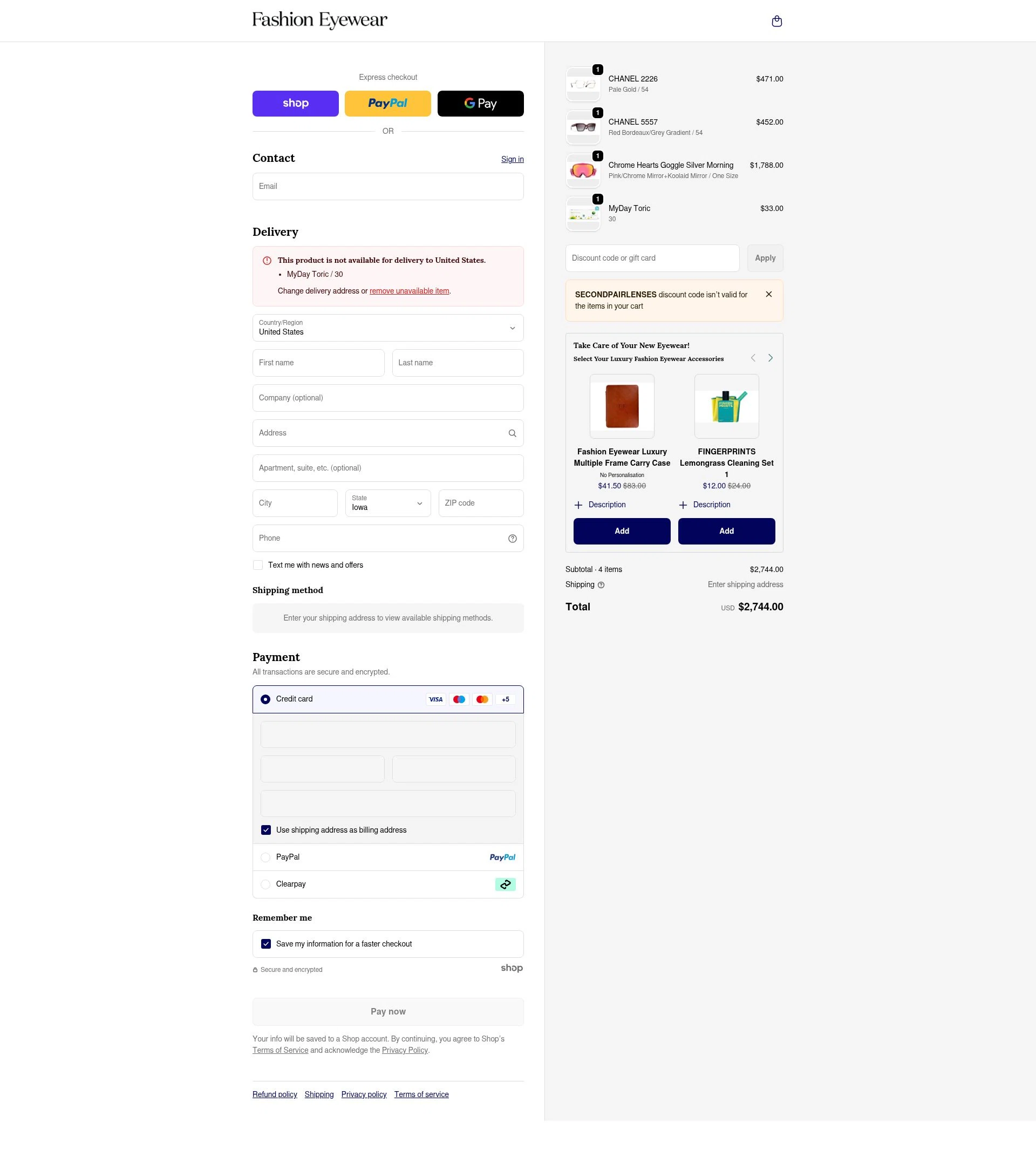 Fashion Eyewear checkout page showing Fashion Eyewear discount code box | Screenshot taken by SimplyCodes community member on Jan 24, 2026