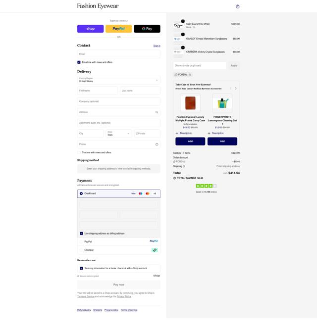 Fashion Eyewear checkout page showing Fashion Eyewear discount code box | Screenshot taken by SimplyCodes community member on Sep 30, 2025