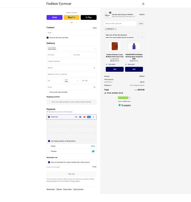 Fashion Eyewear checkout page showing Fashion Eyewear discount code box | Screenshot taken by SimplyCodes community member on Sep 1, 2025