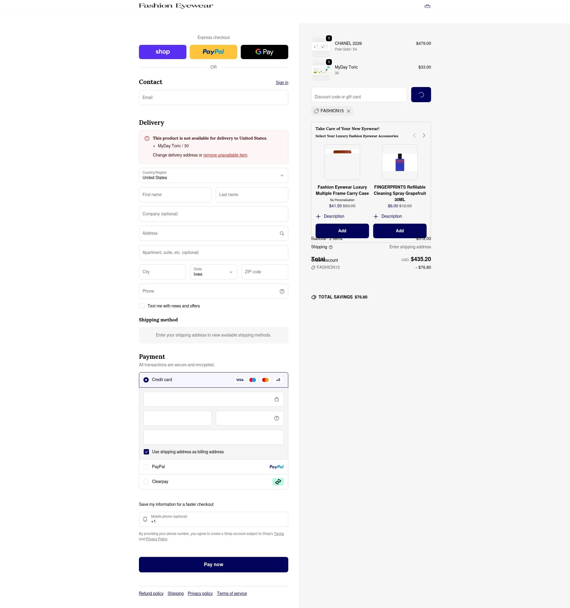Fashion Eyewear checkout page showing Fashion Eyewear discount code box | Screenshot taken by SimplyCodes community member on Feb 11, 2026