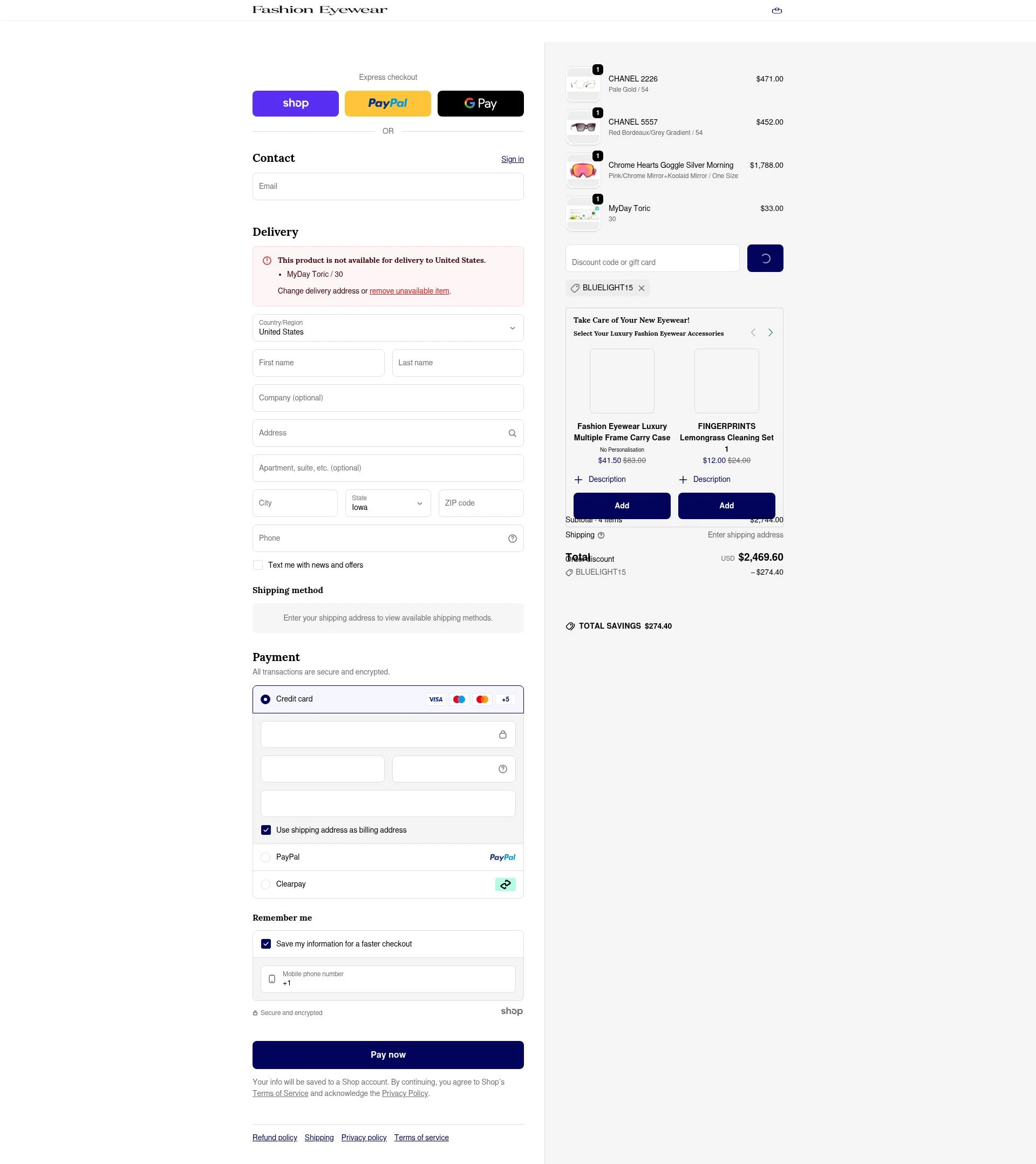 Fashion Eyewear checkout page showing Fashion Eyewear discount code box | Screenshot taken by SimplyCodes community member on Jan 24, 2026