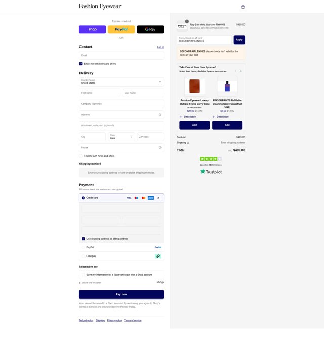 Fashion Eyewear checkout page showing Fashion Eyewear discount code box | Screenshot taken by SimplyCodes community member on Sep 1, 2025