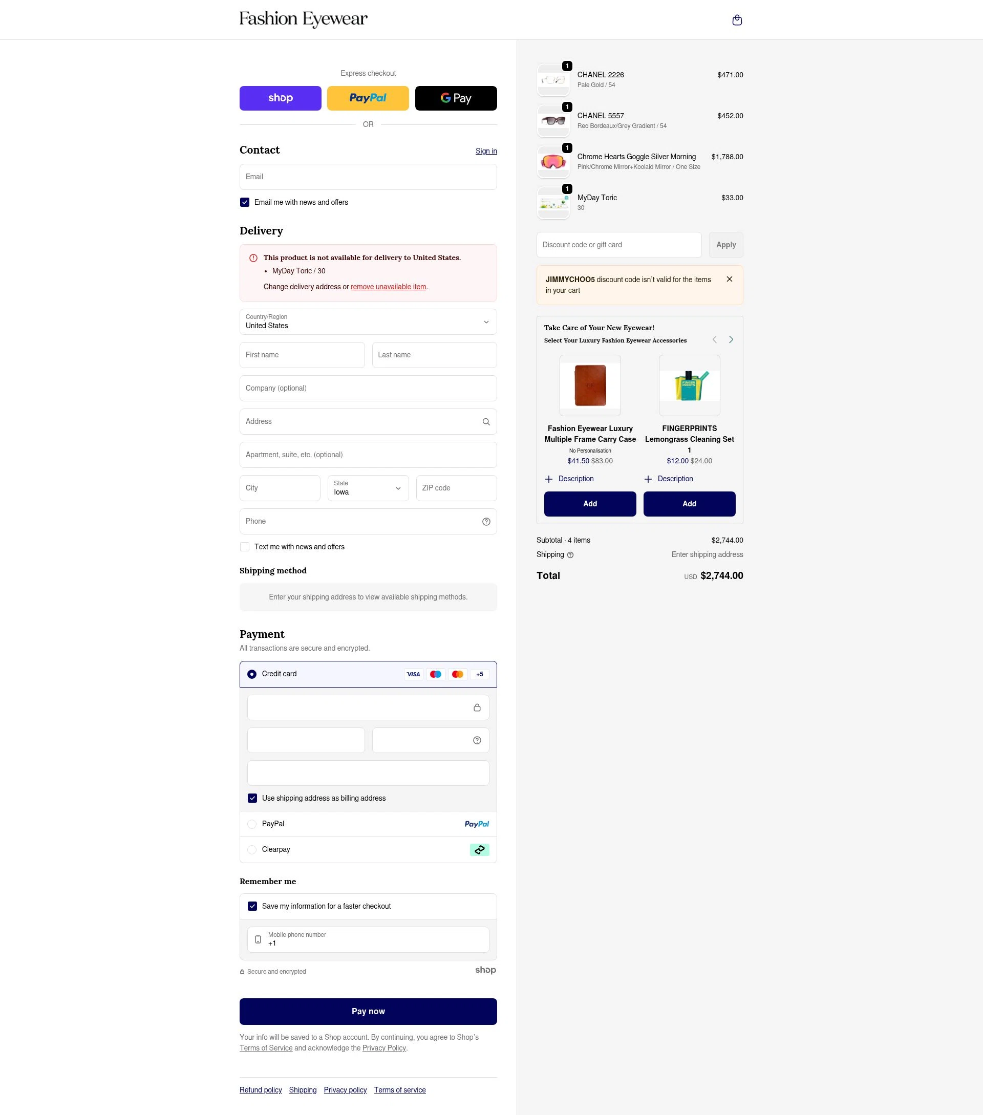 Fashion Eyewear checkout page showing Fashion Eyewear discount code box | Screenshot taken by SimplyCodes community member on Jan 24, 2026