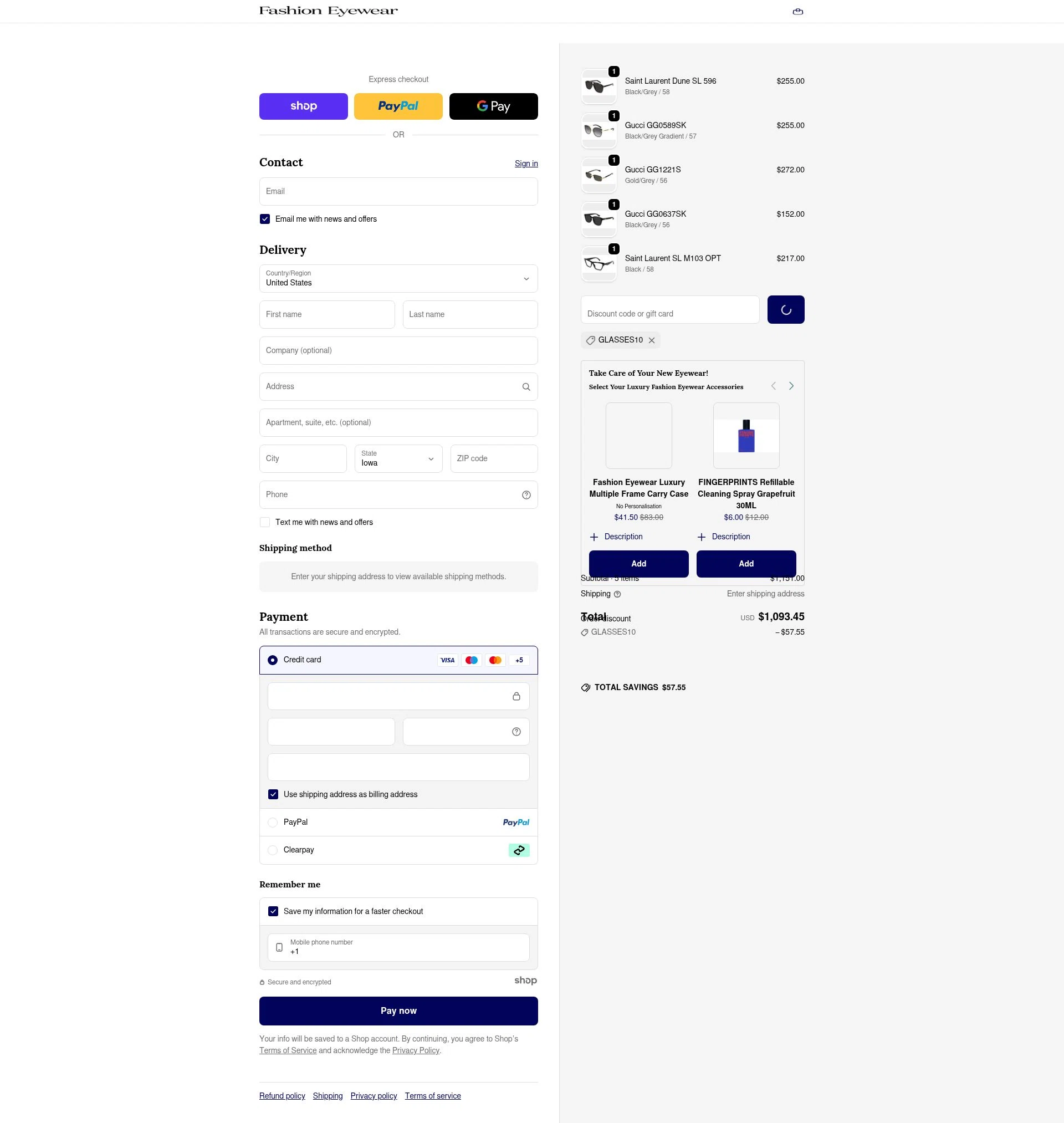 Fashion Eyewear checkout page showing Fashion Eyewear discount code box | Screenshot taken by SimplyCodes community member on Dec 25, 2025