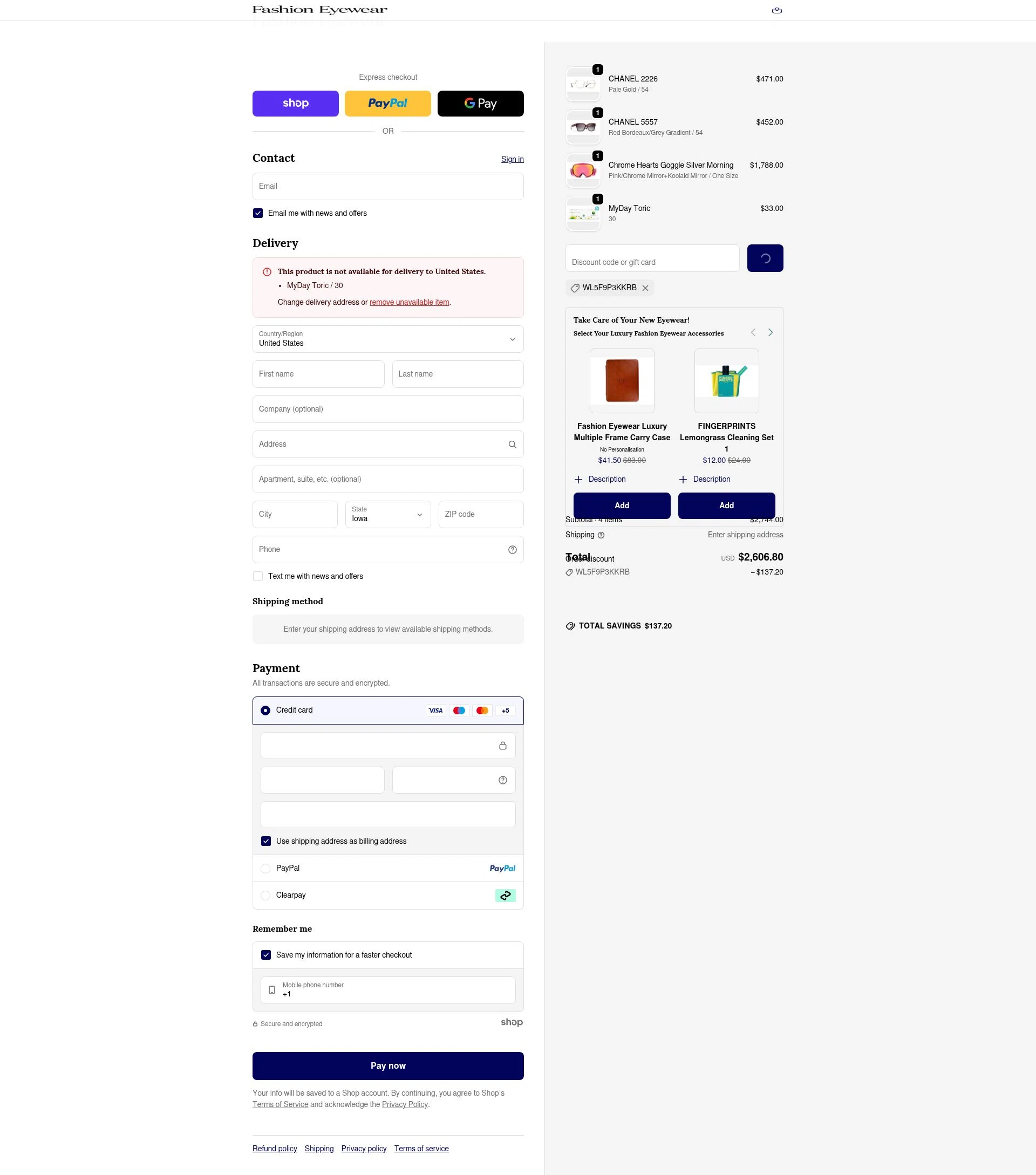 Fashion Eyewear checkout page showing Fashion Eyewear discount code box | Screenshot taken by SimplyCodes community member on Jan 24, 2026