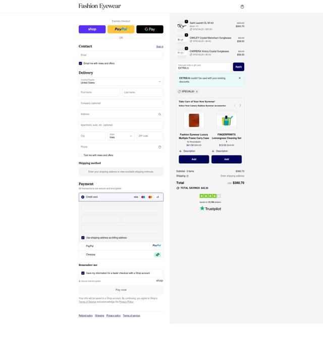 Fashion Eyewear checkout page showing Fashion Eyewear discount code box | Screenshot taken by SimplyCodes community member on Sep 30, 2025
