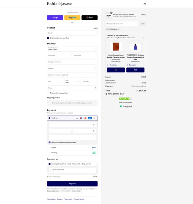 Fashion Eyewear checkout page showing Fashion Eyewear discount code box | Screenshot taken by SimplyCodes community member on Sep 1, 2025